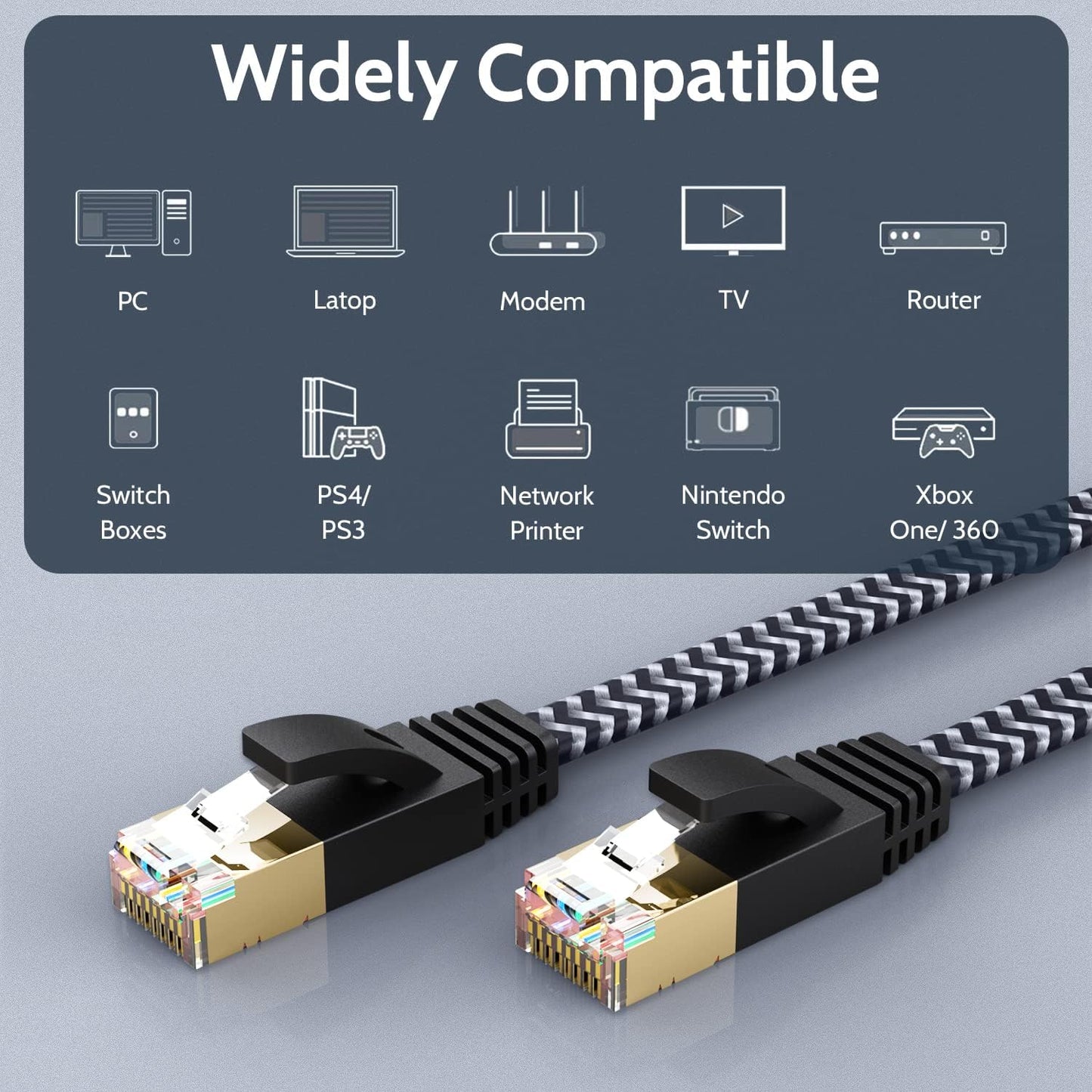 Cat 7 Ethernet Cable, Flat Ethernet Cable 10Ft Nylon Braided Cat 7 Internet Cable RJ45 Network Cable Cat7 LAN Cable for PC Laptop Modem Router