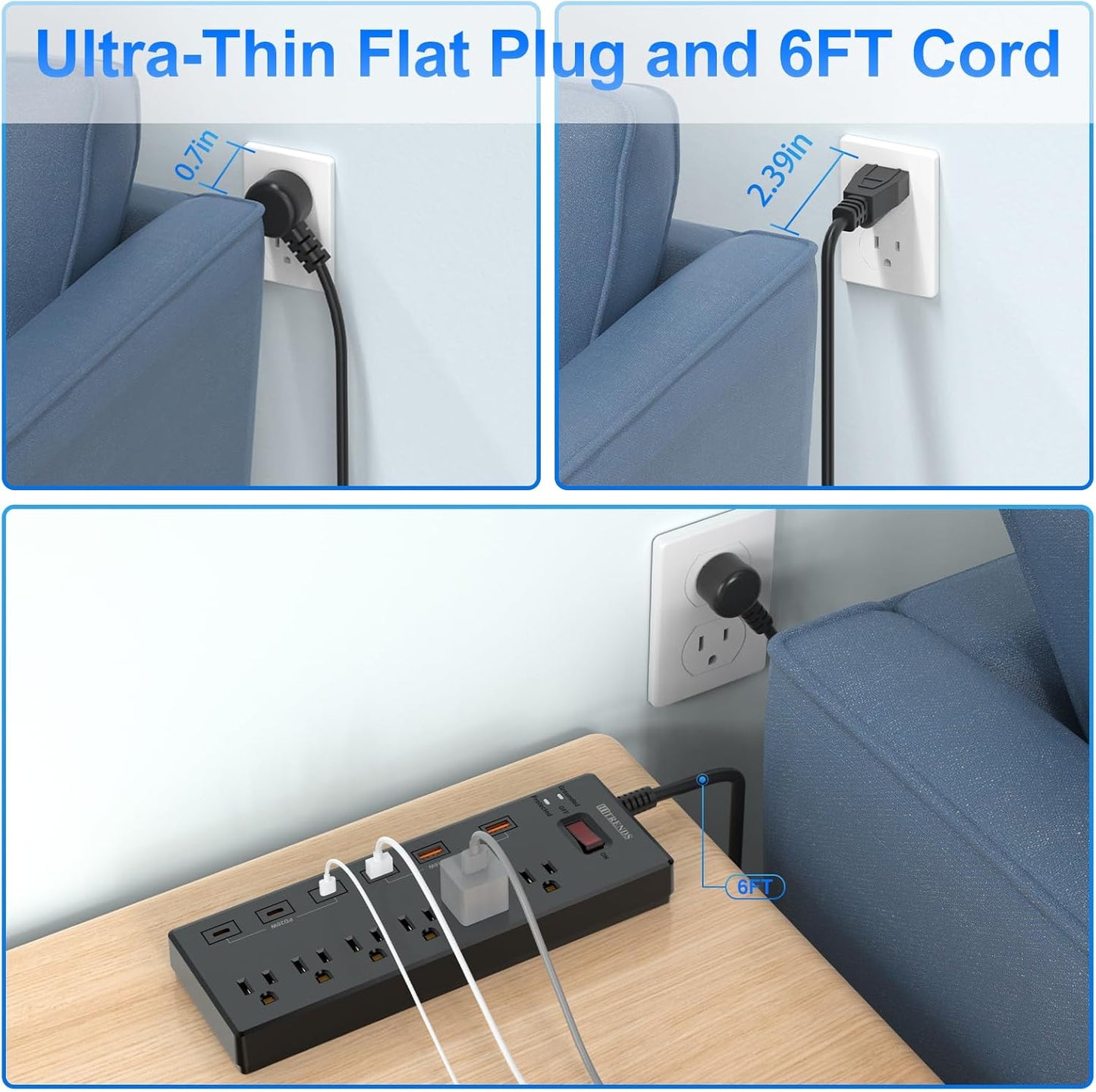 Power Strip,  Surge Protector with 6 AC Outlets & 6 USB Charging Ports, 6 Feet Heavy Duty Extension Cord, 1625W/13A Multiplug for Home Office & Multiple USB Devices - Black