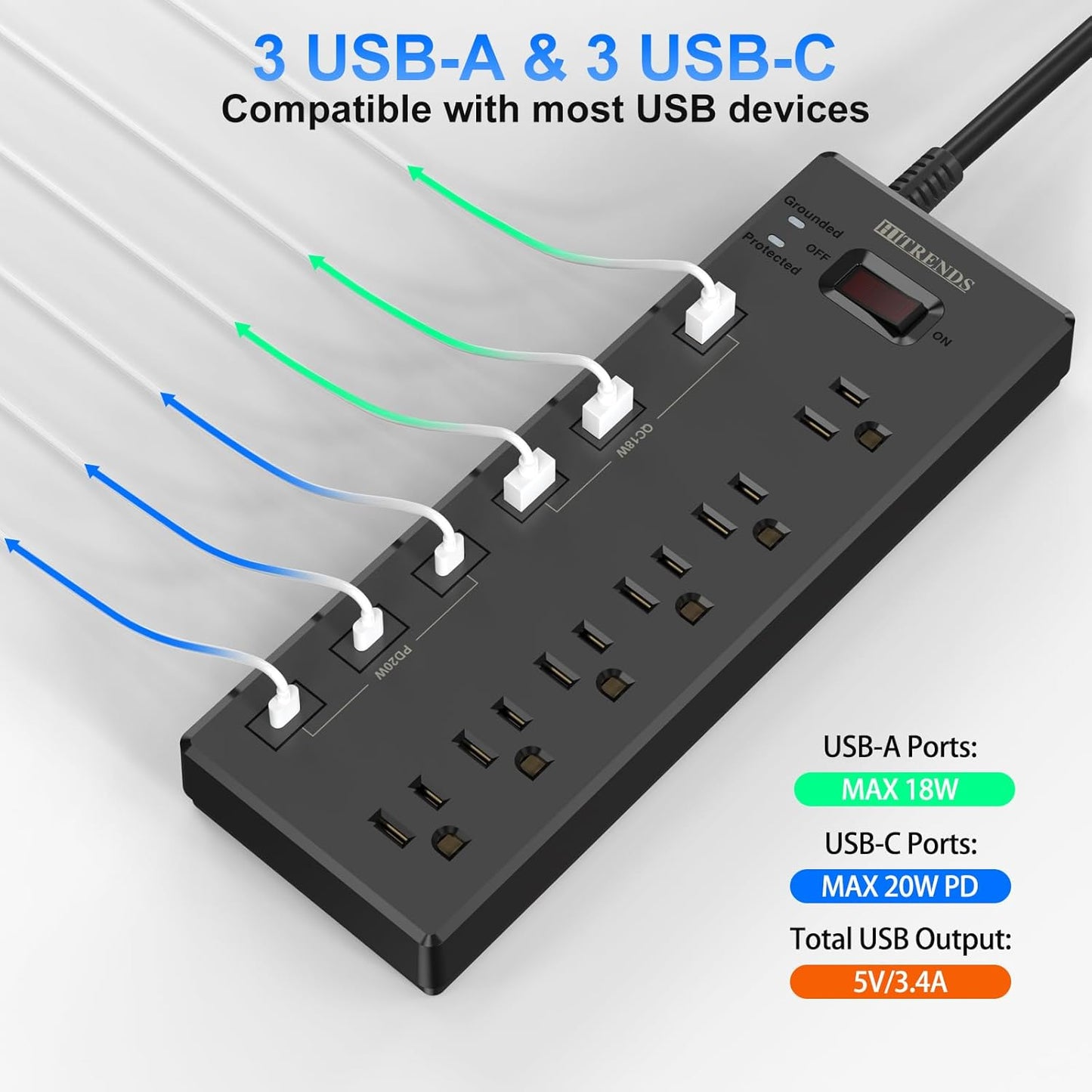 Power Strip,  Surge Protector with 6 AC Outlets & 6 USB Charging Ports, 6 Feet Heavy Duty Extension Cord, 1625W/13A Multiplug for Home Office & Multiple USB Devices - Black