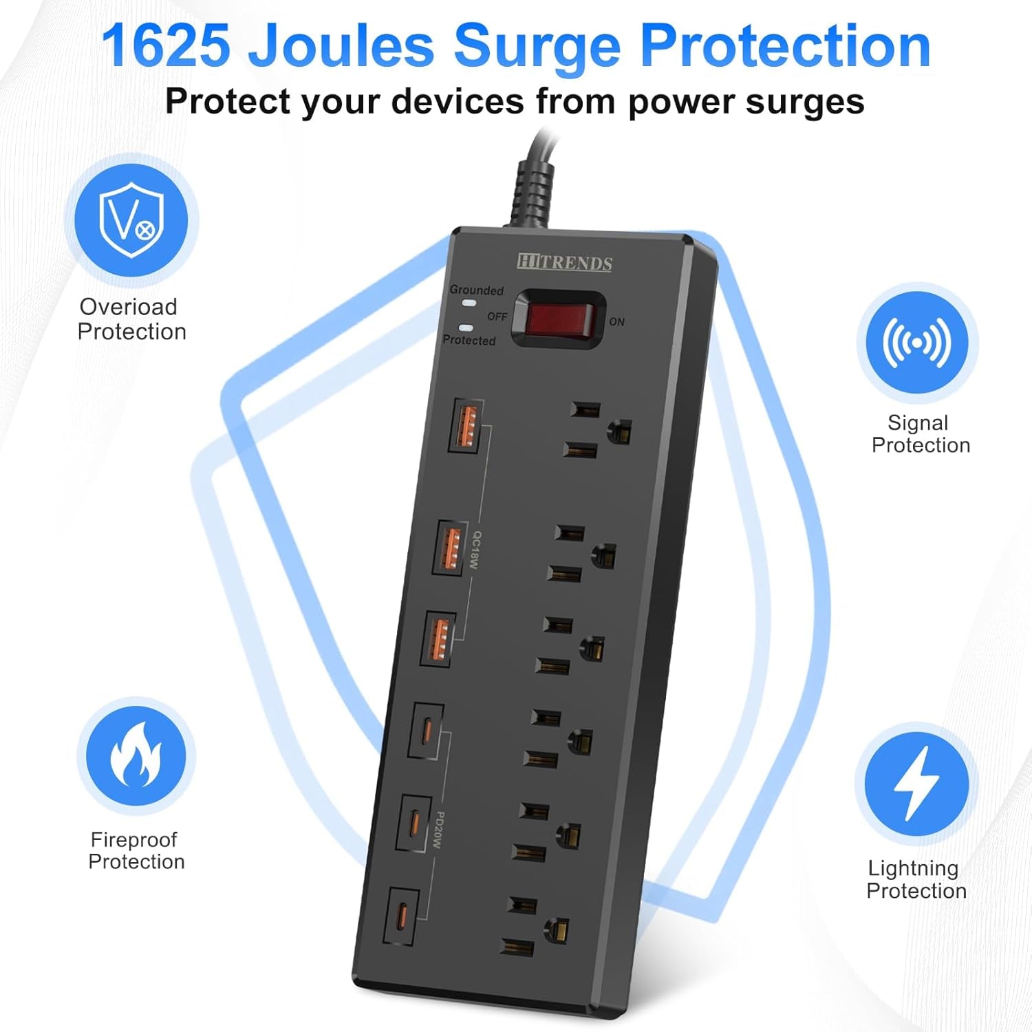 Power Strip,  Surge Protector with 6 AC Outlets & 6 USB Charging Ports, 6 Feet Heavy Duty Extension Cord, 1625W/13A Multiplug for Home Office & Multiple USB Devices - Black